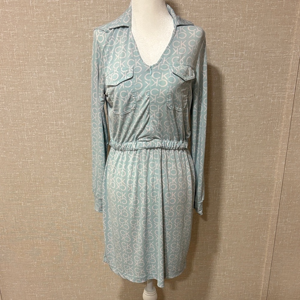 Calvin Klein Pale Blue Logo-Print Long Sleeve Shirt Dress